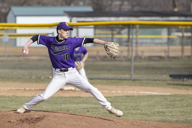 Dixon’s Bryce Feit fires a pitch Monday, March 20, 2023 against Rockford Guilford.