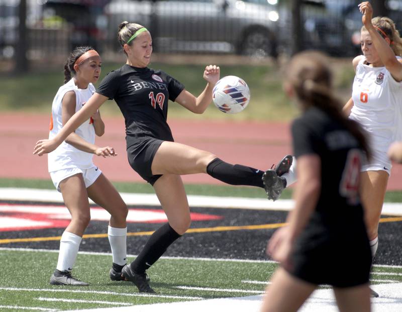 Benet’s Johnna Caliendo kicks the ball during a Class 2A girls state soccer semifinal against Crystal Lake Central at North Central College in Naperville on Friday, June 2, 2023.