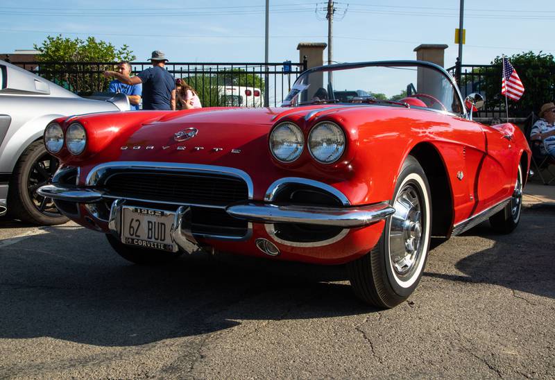 A 1962 Corvette owned by Bud Yirsa sits parked during the Moose Cruise Night at the Moose Lodge  in Downers Grove on Friday, June 3, 2023.
