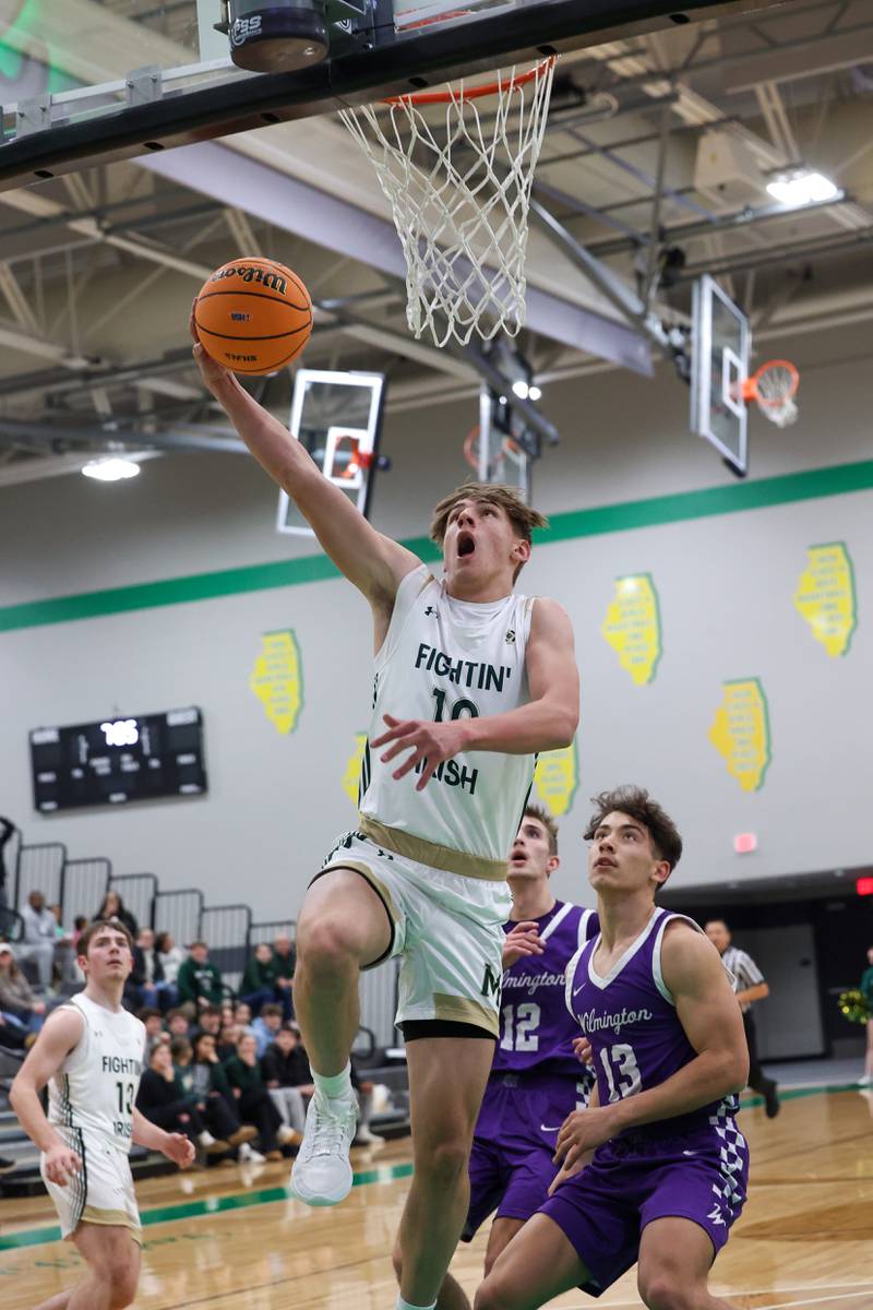 Bishop McNamara's Coen Demack hits a layup during Bishop McNamara's 61-24 victory over Wilmington in the IHSA Class 2A Seneca Sectional semifinal on Tuesday, March 3, 2026.