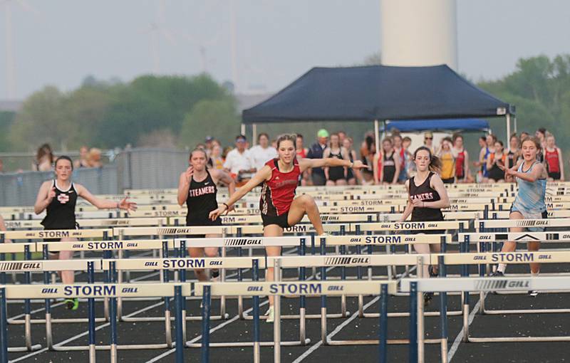 Amboy's Elly Jones wins the 100 meter hurdles during the Class 1A girls track sectional on Wednesday, May 11, 2022 at Bureau Valley High School in Manlius.