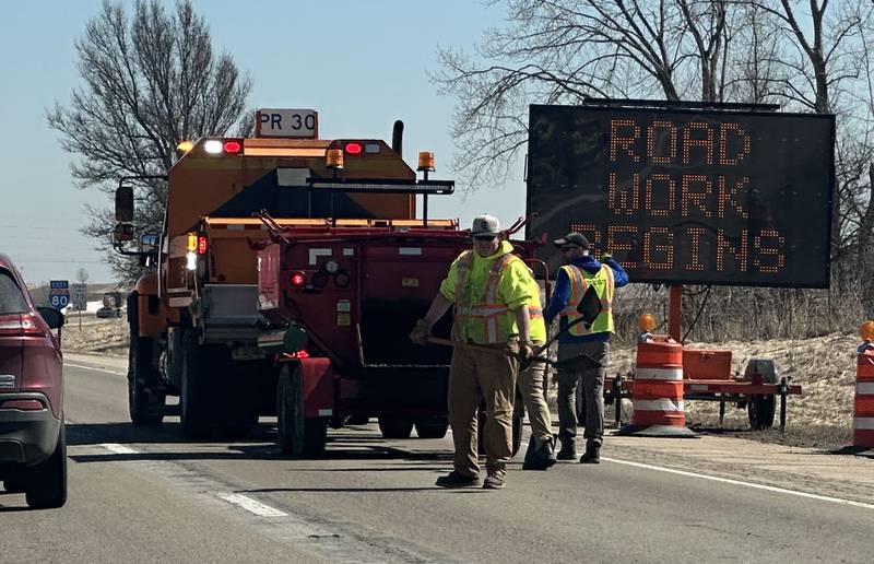 Crews with the Illinois Department of Transportation patch holes along Interstate 80 on Wednesday, March 18, 2026 in Princeton. Construction work will begin Monday, March 23.