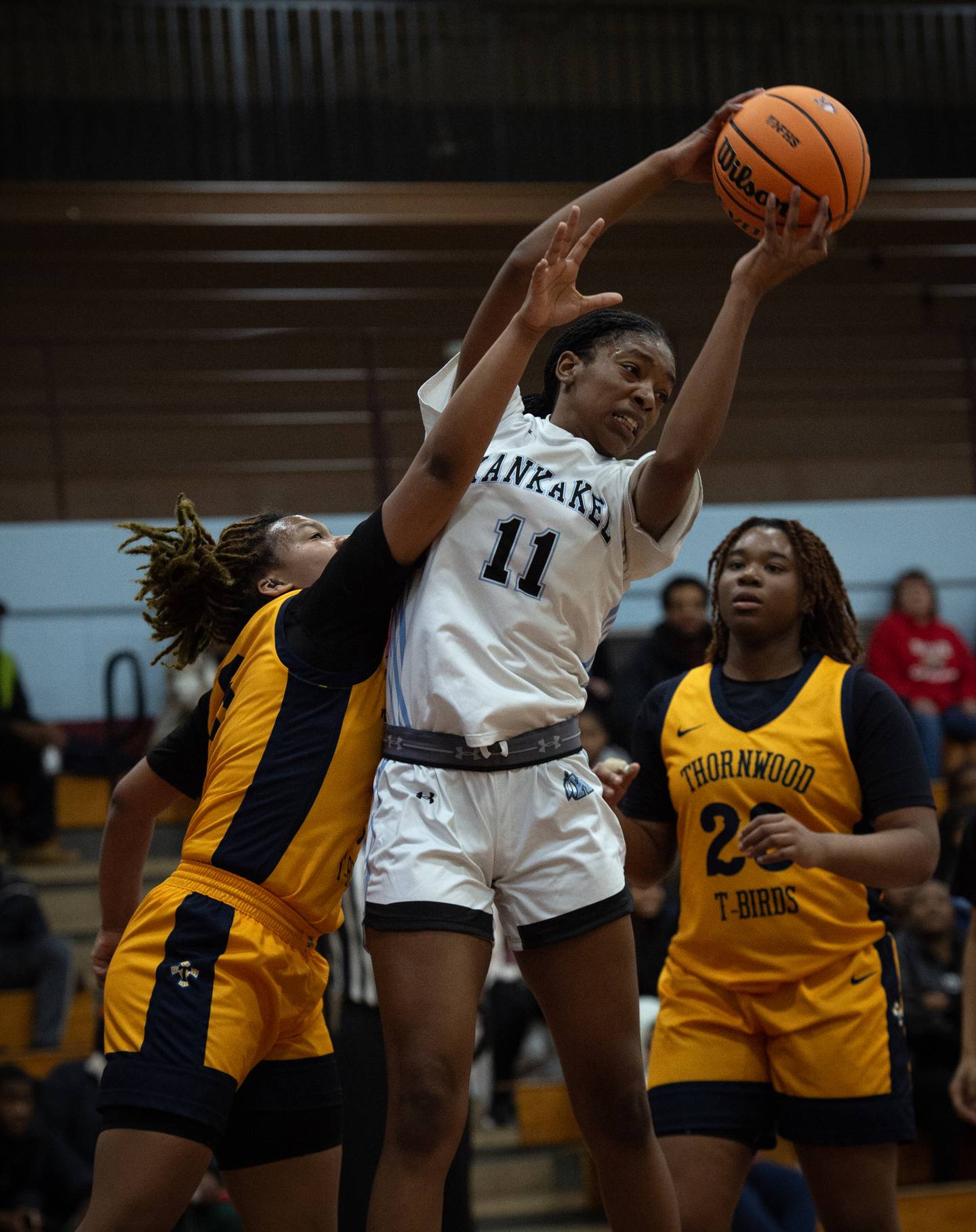 Kankakee's Shania Johnson pulls in a rebound over Thornwood's Ashlee Veley, left, in a game on Thursday, December 11, 2025.