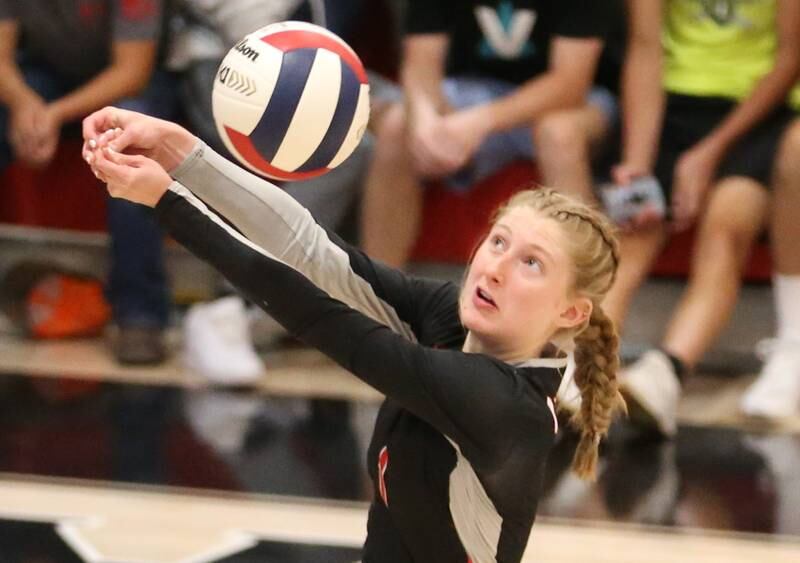 Woodland's libero Jayeli Leininger returns a serve from Earlville on Wednesday, Sept. 25, 2024 at Woodland High School.