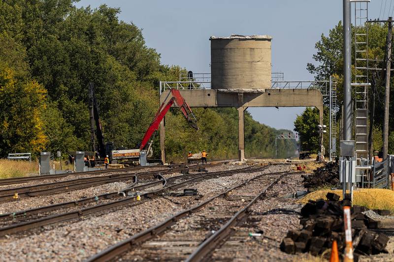 Demolition of an old coal tower crossing the Union Pacific rail line was started Tuesday, Sept. 16, 2025, in Nelson. The concrete tower was built in the 1940’s when the line was owned by Chicago and North Western.