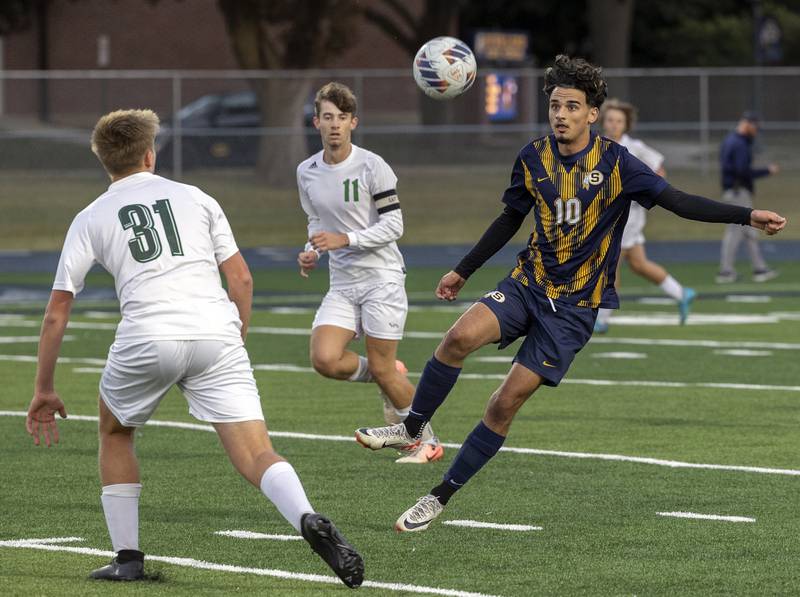 Sterling’s Zain Khan handles the ball against Geneseo Tuesday, October. 1, 2024, at Sterling High School.