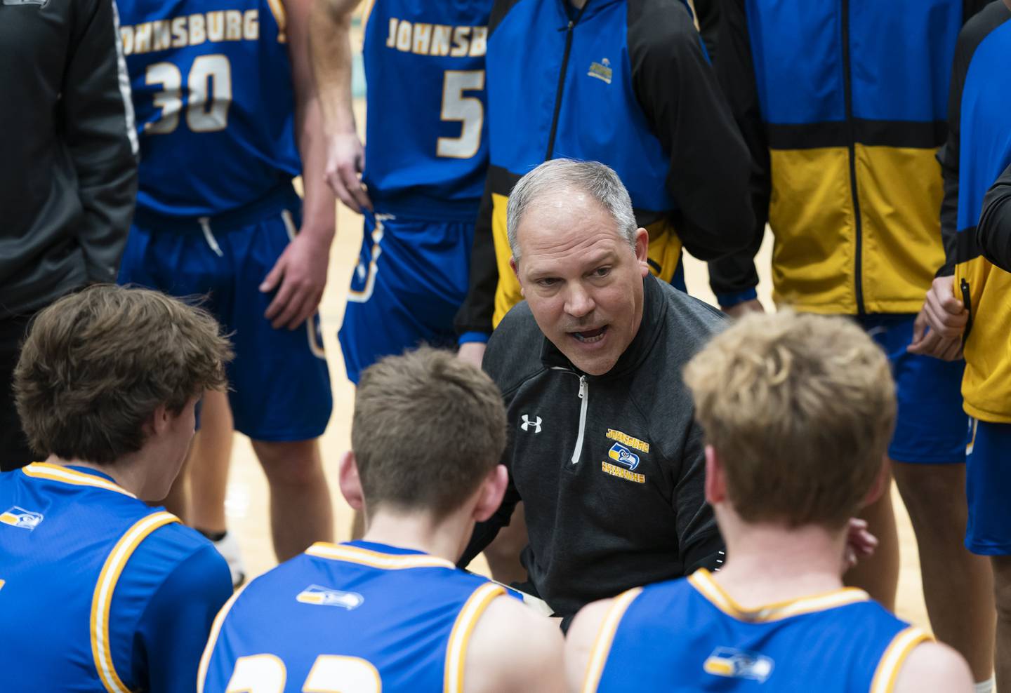 Johnsburg head coach Mike Toussaint during their game against Woodstock North on Wednesday, January 31, 2024 at Woodstock North High School. Ryan Rayburn for Shaw Local