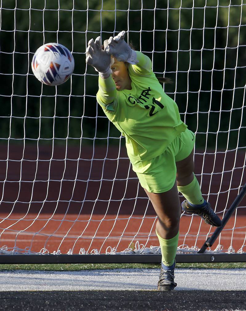 Crystal Lake Central's Addison Cleary stops aLake Forest shootout kick during a Class 2A Deerfield Sectional semi-final match on Tuesday, May 21, 2024, at Deerfield High School.