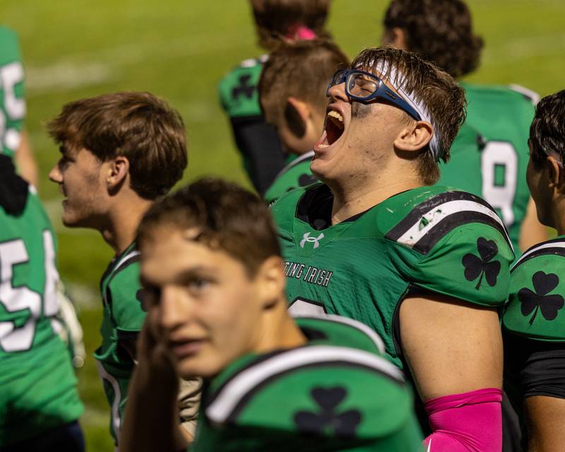 Colten Angeloff (70) of Seneca celebrates 48-16 win against St. Bede on Friday, Oct. 10, 2025 at Seneca High School in Seneca.