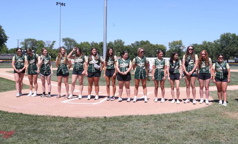 The IHSA Class 1A St. Bede aState Champion softball team is honored during the J.A. Happ Day and field dedication on Sunday, July 30, 2023 at Washington Park in Peru.
