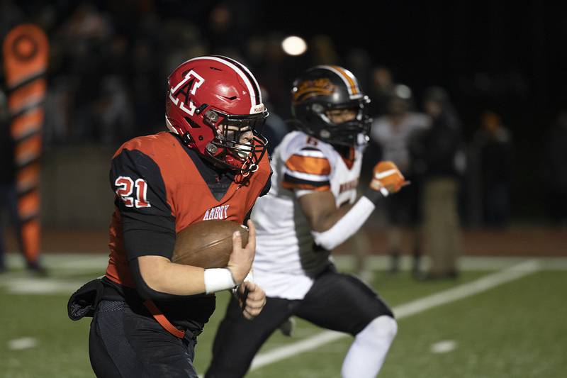 Amboy's Quinn Leffelman runs it in for the first Clipper touchdown against Milledgeville Friday, Nov. 22, 2024, during the 8-man football championship in Monmouth.