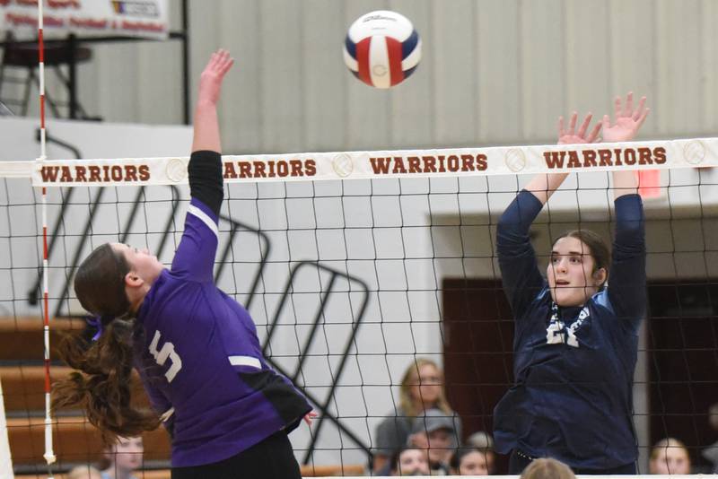 Cissna Park's Lauryn Hamrick, right, looks to block a hit from Lexington's Kennedy Sennett during the IHSA Class 1A Watseka Sectional championship Thursday, Nov. 6, 2025.