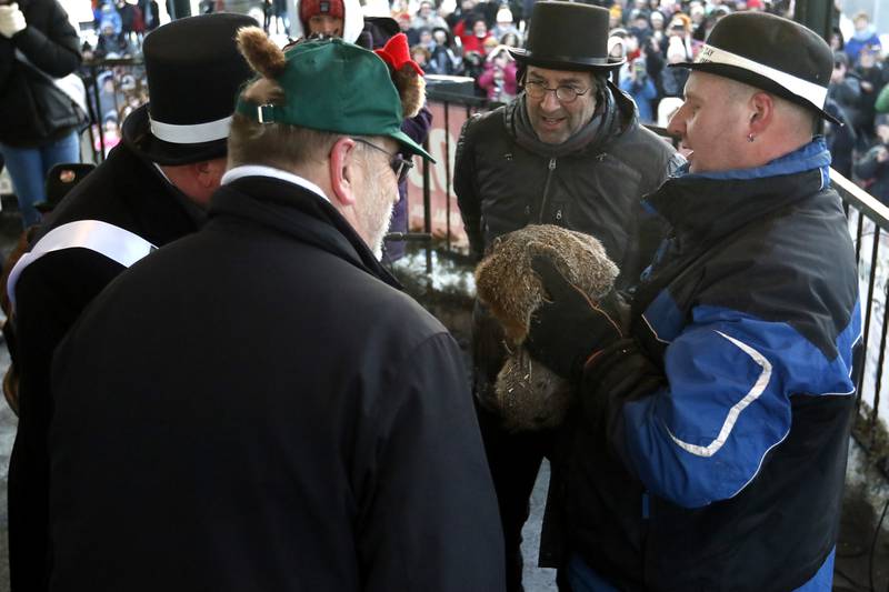 Woodstock Mayor Mike Turner, Groundhog Days Committee Chairman Rick Bellairs and "Groundhog Day" screenwriter Danny Rubin listen to Woodstock Willie as he is held by handler Mark Szafran while Willie makes his prognostication of six more weeks of winter Thursday, Feb, 2, 2023, during the annual Groundhog Day Prognostication on the Woodstock Square.