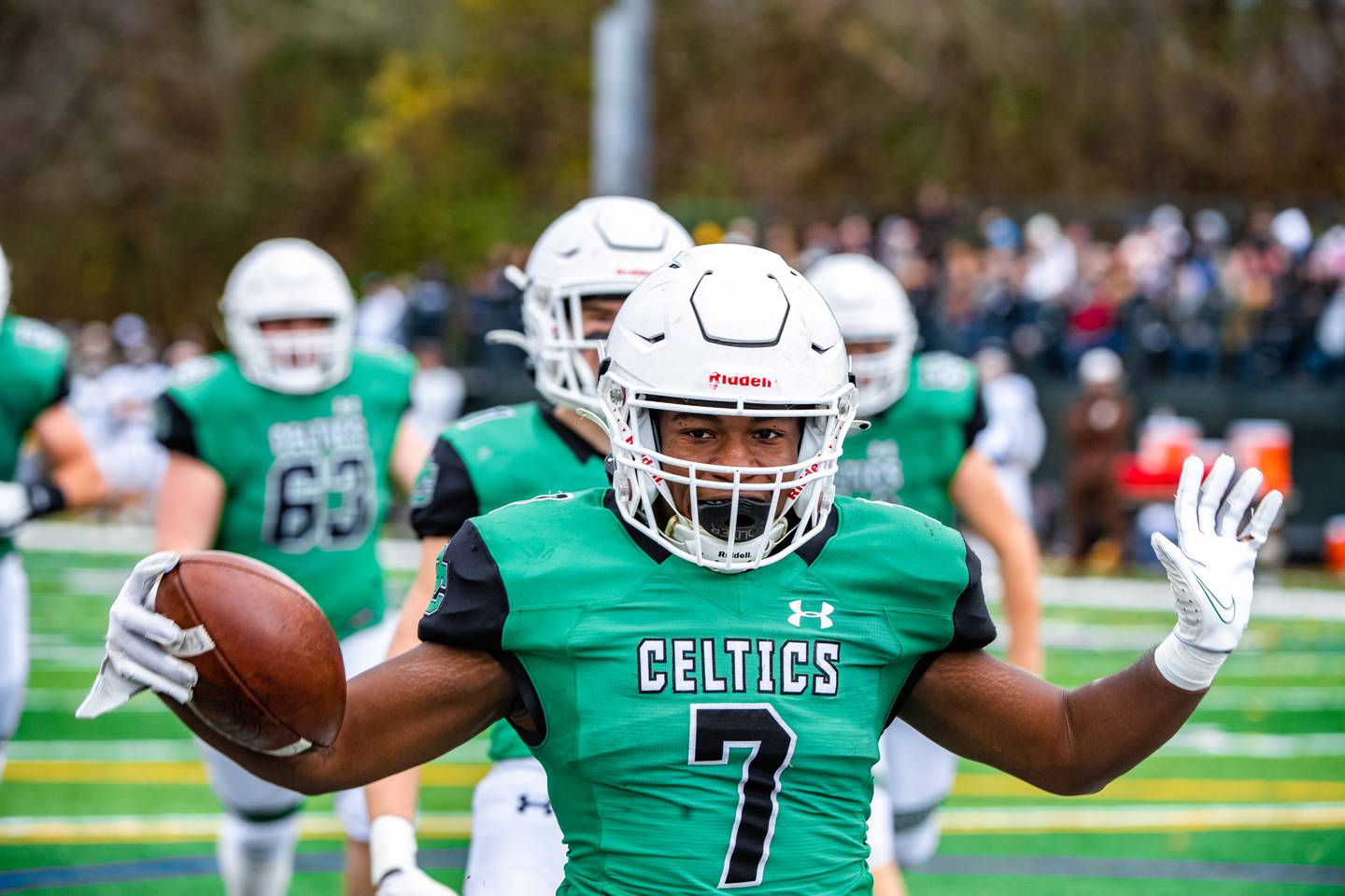 Providence Catholics Jamari Tribett runs in a touchdown during the 2nd round IHSA playoff game against Joliet Catholic Academy Saturday Nov. 5, 2022 at Providence Catholic High School in New Lenox