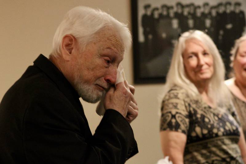 Vincent Marrandino dabs at his eyes as he gets emotional talking about his career as a prison and police chaplain. He received a lifetime achievement award from the National Chaplains Association on Friday at the Dixon Public Safety Building.