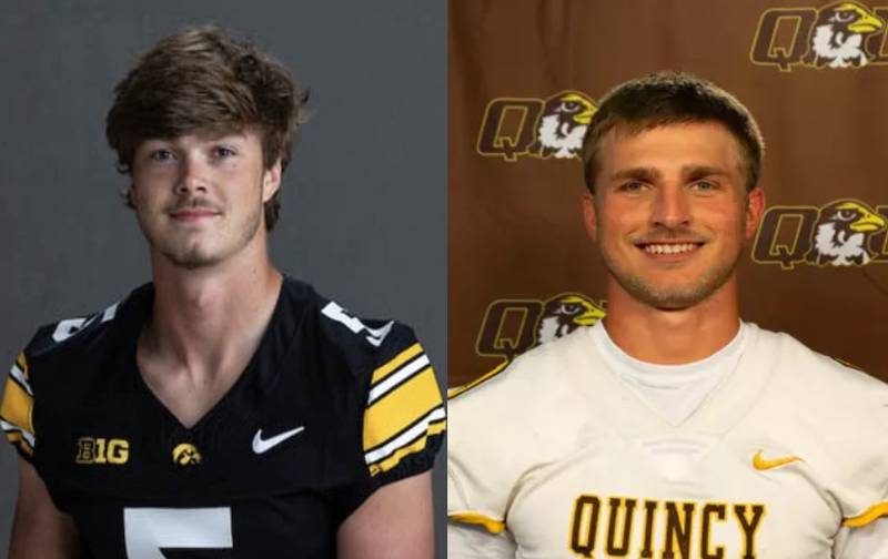 Brothers Teegan (left) and Drake Davis have taken different paths to their collegiate football careers. Teegan is taking a medical redshirt in his second year at Iowa while Drake is a grad student playing for Quincy University. Drake transferred to Quincy from Northern Michigan University.