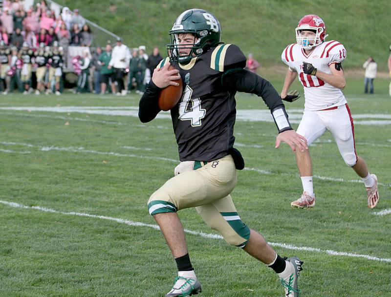 St. Bede's quarterback John Brady, sprints down the field to score a touchdown against Hall on Saturday, Oct. 15, 2022 at the Academy in Peru