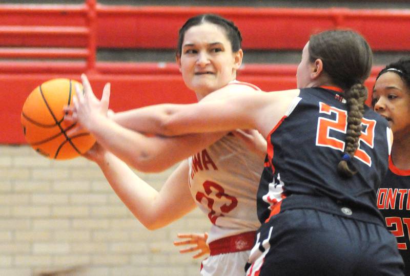 Ottawa's Mary Stisser tries to move the ball away from Pontiac's Grace Lanning in the Ottawa Girls Holiday Tournament third place game on Tuesday, Dec. 23, 2025 in Kingman Gymnasium.