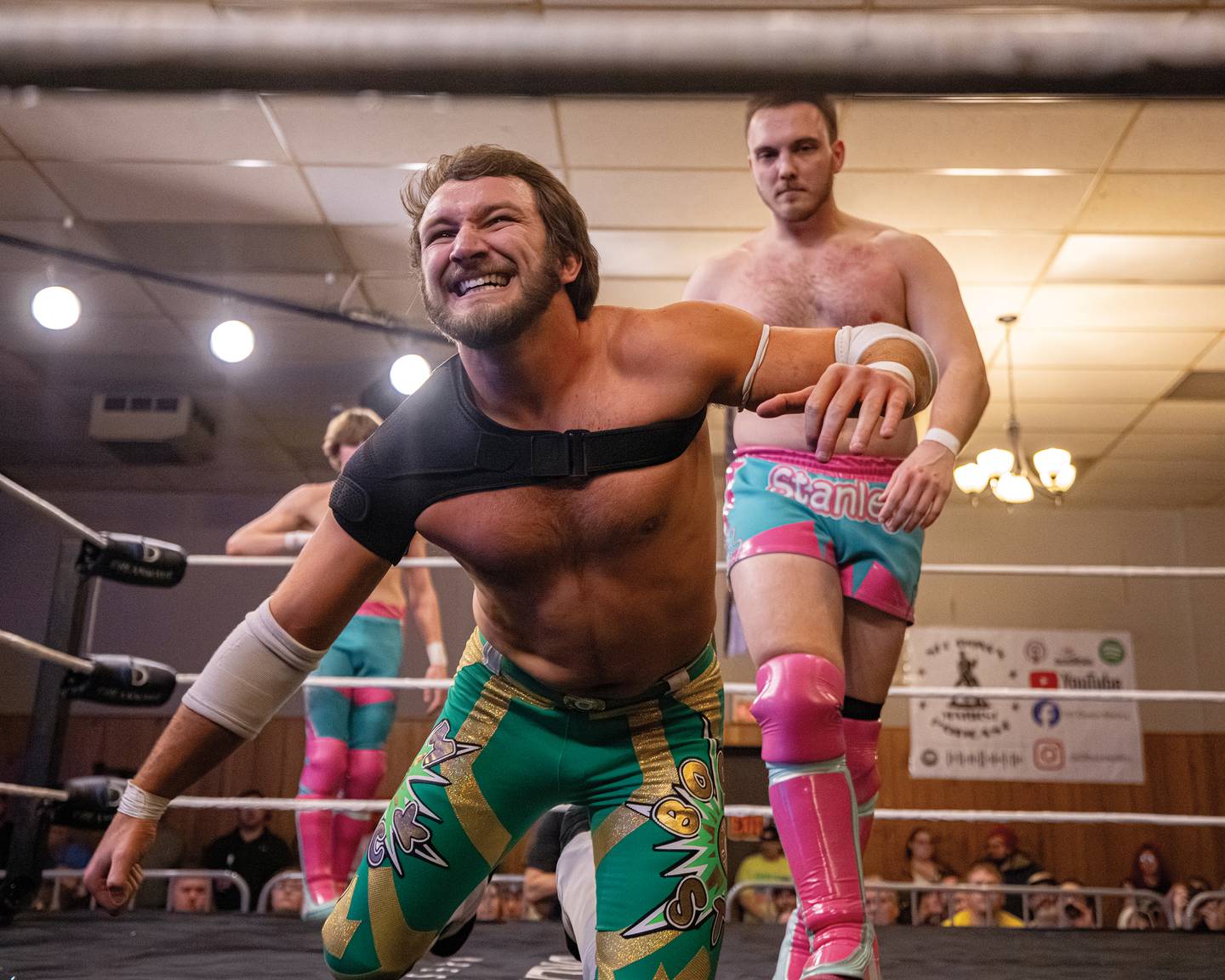 Scott Stanley of The New Guys (right) fights 12Gaige of The Hype (left) in a tag team match at Dreamwave Wrestling's "Famous Last Words" event Feb. 8, 2025, in La Salle.