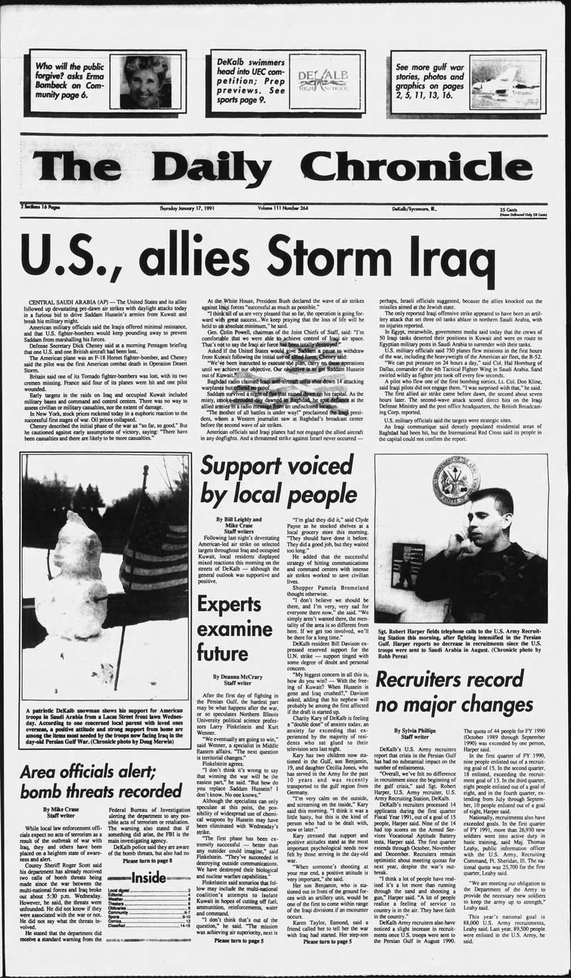The cover of the Daily Chronicle for January 17, 1991