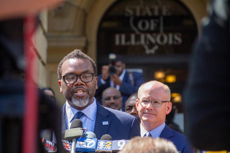 Chicago Mayor Brandon Johnson speaks to reporters in Springfield during a visit to the Capitol in April 2023, shortly after winning the Chicago mayoral election. (Capitol News Illinois file photo by Jerry Nowicki)