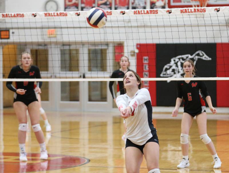 Henry-Senachwine's Lauren Harbison keeps the ball in play against Woodlsnd on Thursday, Oct. 3, 2024 at Henry-Senachwine High School.
