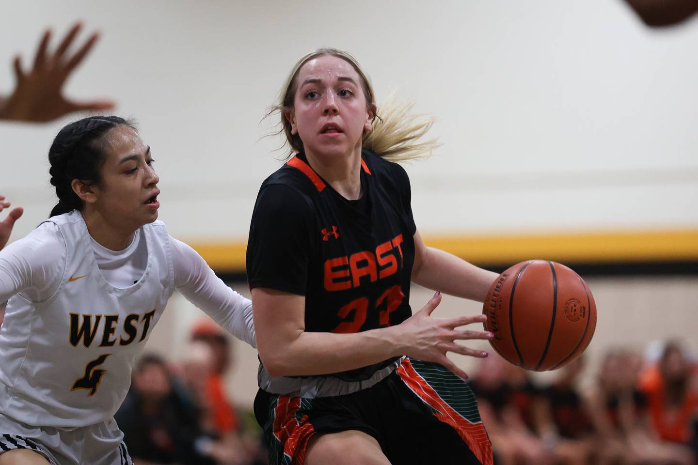 Plainfield East’s Lexi Sepulveda works the ball against Joliet West on Thursday, February 2nd.