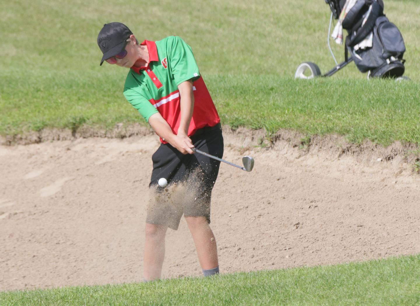 L-P's Michael Milota gets out of the bunker during the L-P Cavalier Golf Invitational on Thursday, Aug. 18, 2022 at Seneca's Oak Ridge Golf Course in La Salle.