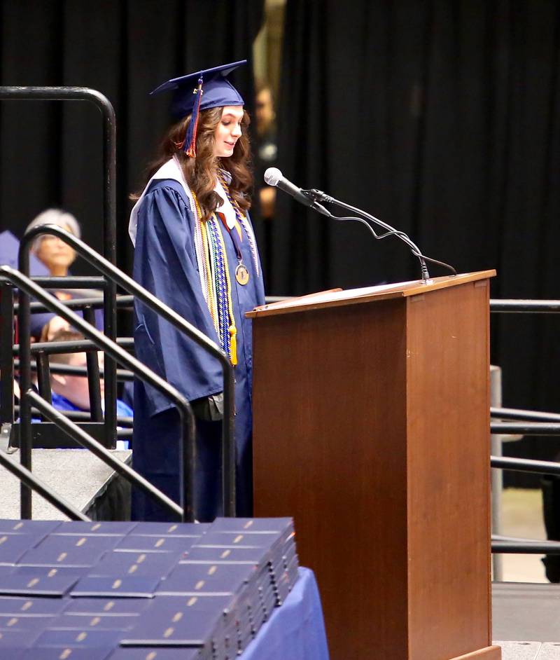 Senior Scarlett Licina speaks at the Oswego High School graduation on May 21, 2022 in DeKalb.