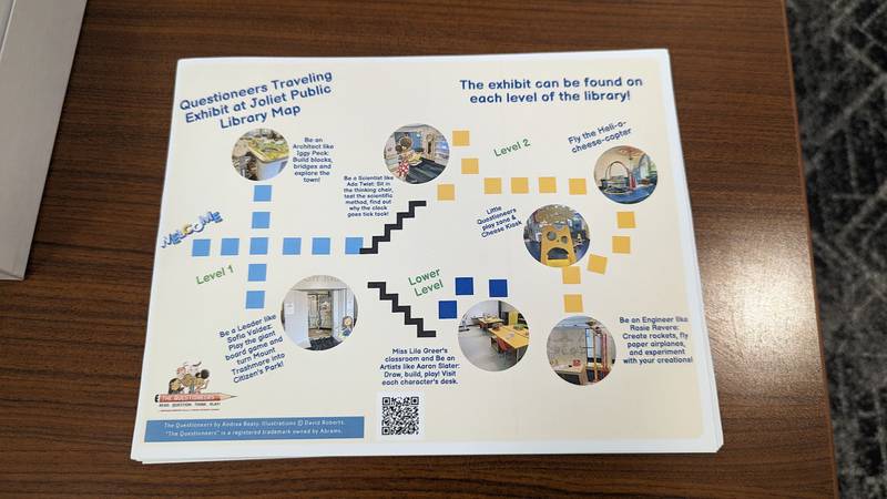 This map shows how to navigate the interactive displays in the “The Questioneers: Read. Question. Think. PLAY!” exhibit. This exhibit is based on the Questioneers book series authored by Andrea Beaty and illustrated by David Roberts. This traveling exhibit featuring the Questioneers characters opened June 16 at the Ottawa Street branch of the Joliet Public Library and is available during library hours through July 29.