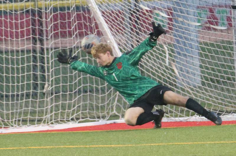 L-P keeper Logan Grzywa misses a save against Ottawa on Monday, Oct. 6, 2025 at the L-P Athletic Complex in La Salle.