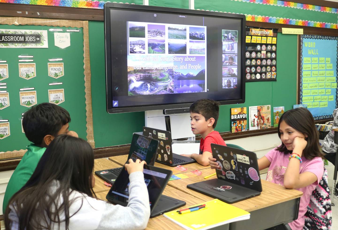 Fifth grade students students at A.O. Marshall Elementary School in Joliet participated in a Zoom discussion with Joyce McFarland, education manager for the Nez Perce Tribal Nation in Idaho. Pictured, from left, are Pamela Ortiz, Jesse Leon Hernandez, Alexander Cornejo-Murillo and Kendra Gonzalez Enriquez.