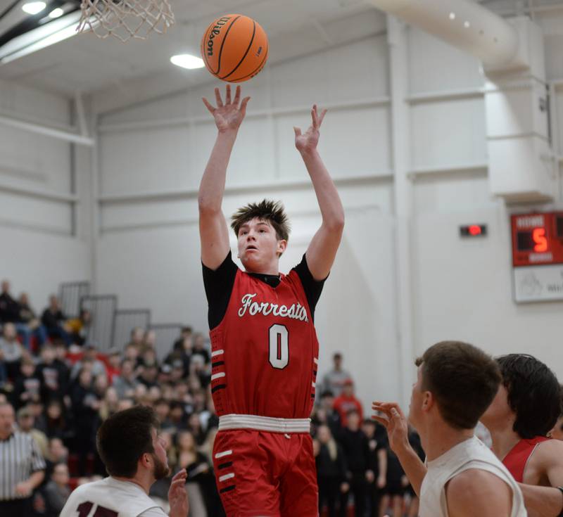 Forreston's Brendan Greenfield (0) shoots against Annawan during the championship of the 1A Amboy Regional on Friday, Feb. 28, 2025 at Amboy High School.