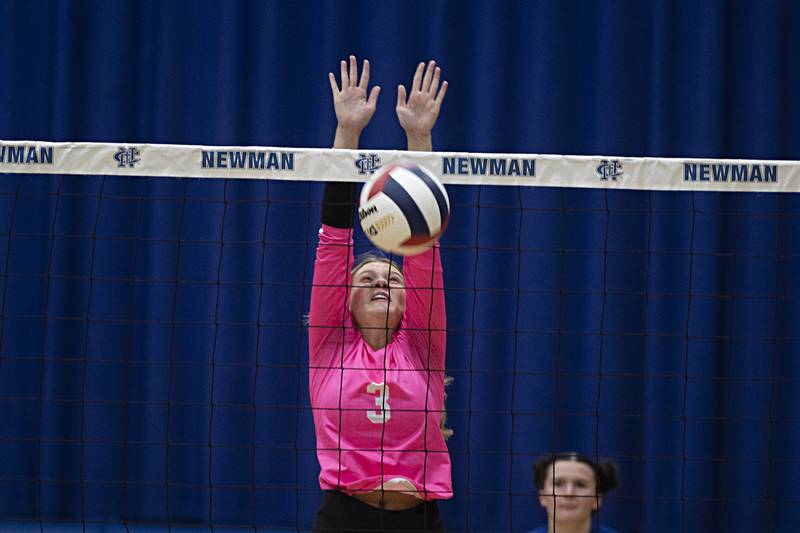 Newman’s Ellie Rude blocks a shot against Oregon Wednesday, Sept. 6, 2023 in a game at Newman High School.