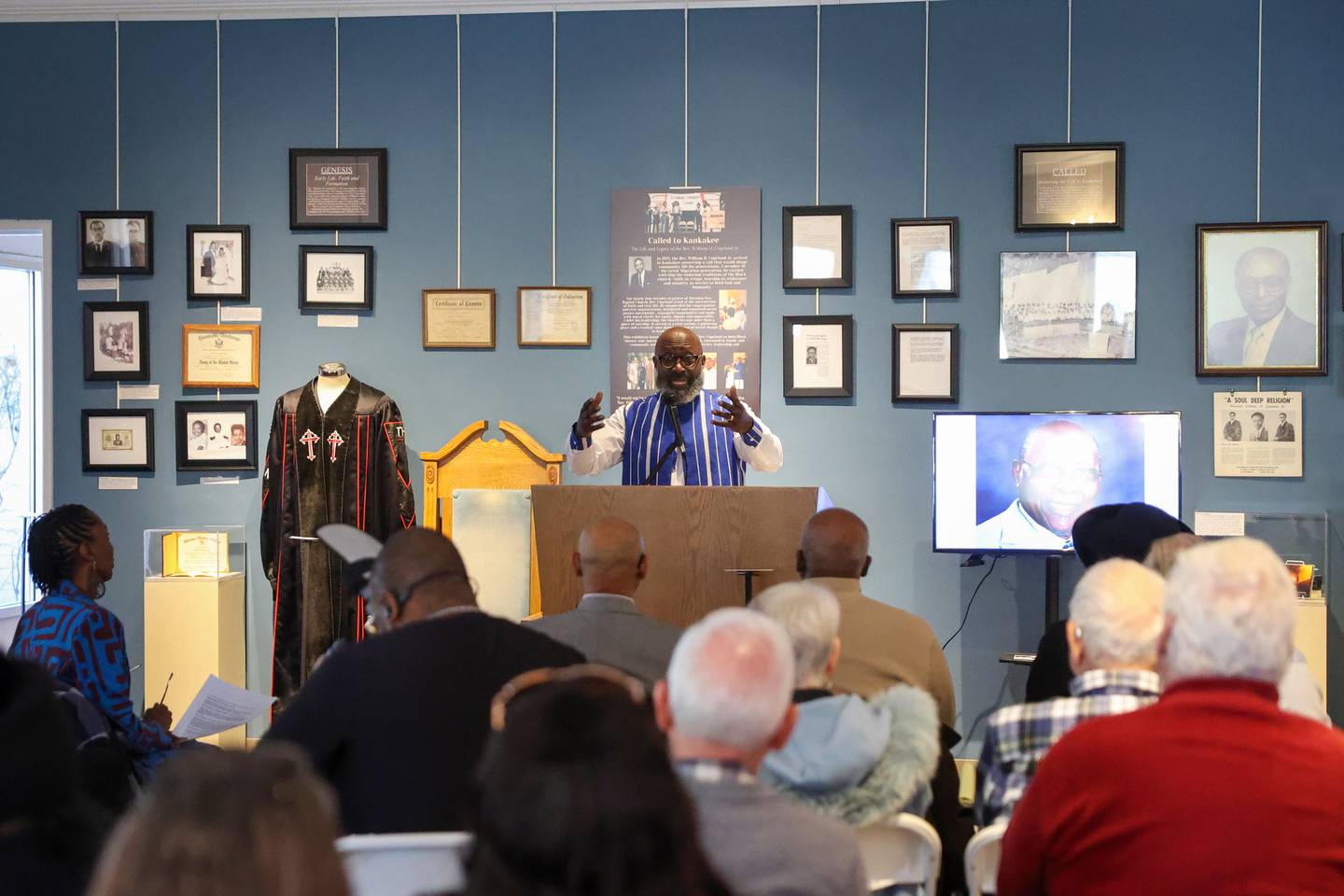 Rev. K. Edward Copeland, son of the late Kankakee civil rights leader Rev. William Copeland, speaks during the opening of the exhibit 'Called to Kankakee: The Life and Legacy of the Rev. William H. Copeland Jr.' at the Kankakee County Museum on Saturday, Feb. 7, 2026.
