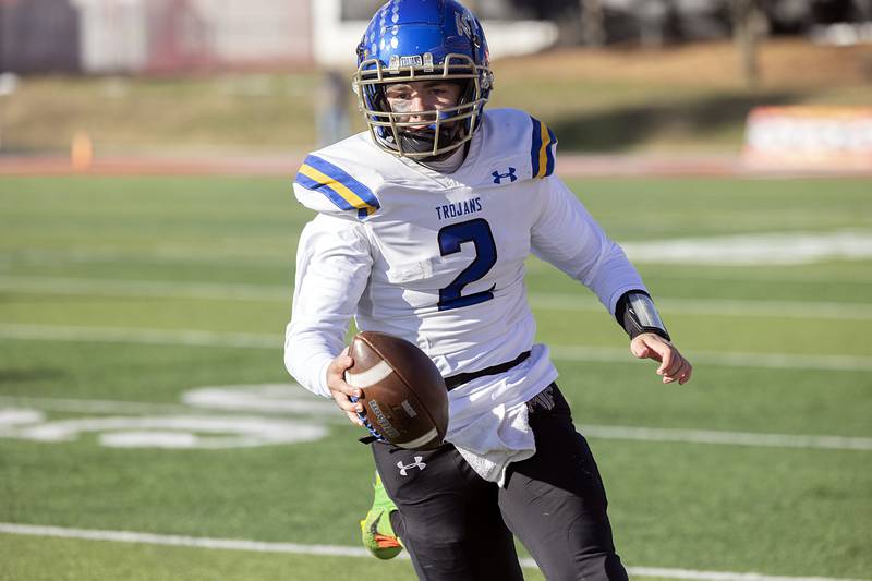 Maroa-Forsyth's Ryne Sheppard picks up yards against Wilmington Friday, Nov. 28, 2025, in the Class 2A football finals at Hancock Stadium at ISU.