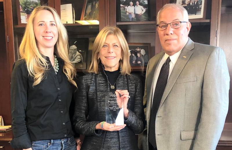 Silver Cross Hospital in New Lenox was recently inducted into the Hall of Pride by Project Acclaim. Pictured, from left, are Project Acclaim President Jayne Bernhard, Silver Cross Hospital President and Chief Executive Officer Ruth Colby, and Project Acclaim Vice President Nicholas Macris.