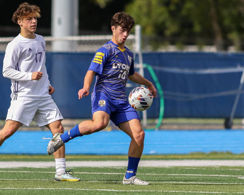 Lyons Kellin Bourjaily (14) handles the ball during Class 3A Lyons Regional final soccer match.  Oct 21, 2023.
