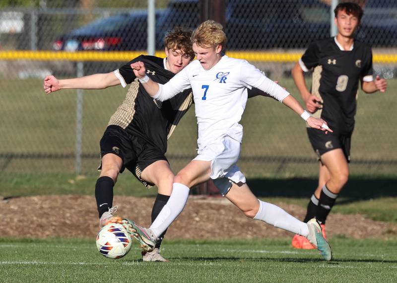 Sycamore's Tyler Hiland tries to stop Burlington Central's Haden Raders Wednesday, Oct. 23, 2024, during their Class 2A Sycamore Regional semifinal.