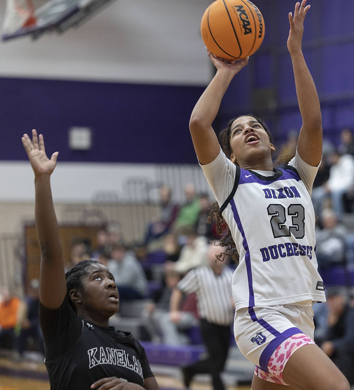 Dixon’s Ahmyrie McGowan handles the ball against Kaneland’s Amani Meeks Wednesday, Dec. 10, 2025.