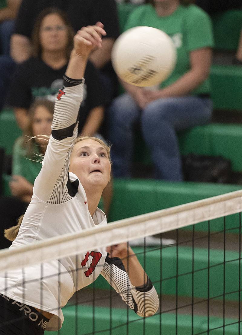Erie-Prophetstown’s Lauren Abbott hammers a shot against Rock Falls on Thursday, Sept. 11, 2025.