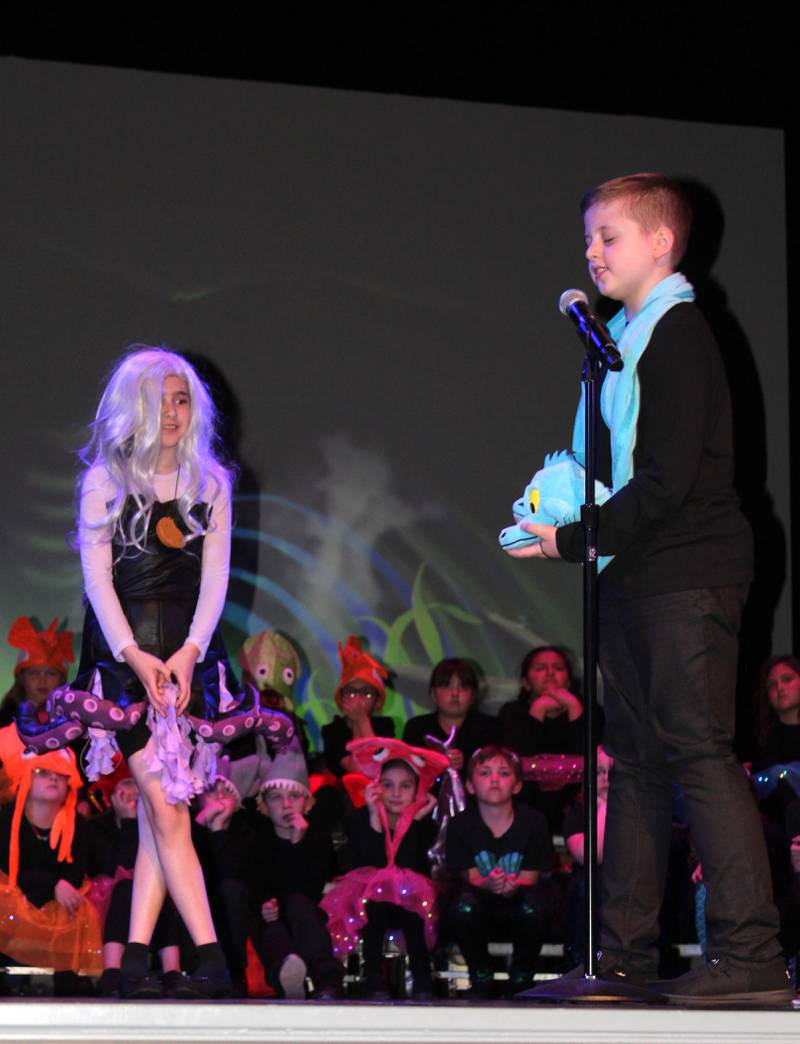 Ursula the Sea Witch (Alexandria Pedelty) gives orders to Flotsam and Jetsam (Braison Kelly) during the Streator Elementary Schools production of "The Little Mermaid Jr." Friday, May 5, 2023, at the Streator High School Auditorium.