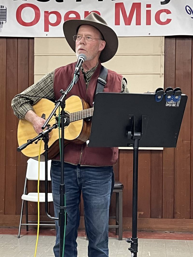 Fred Grant is a popular performer, both as a solo singer/guitarist and as an accompanist for others on fiddle at First Fridays open mics.