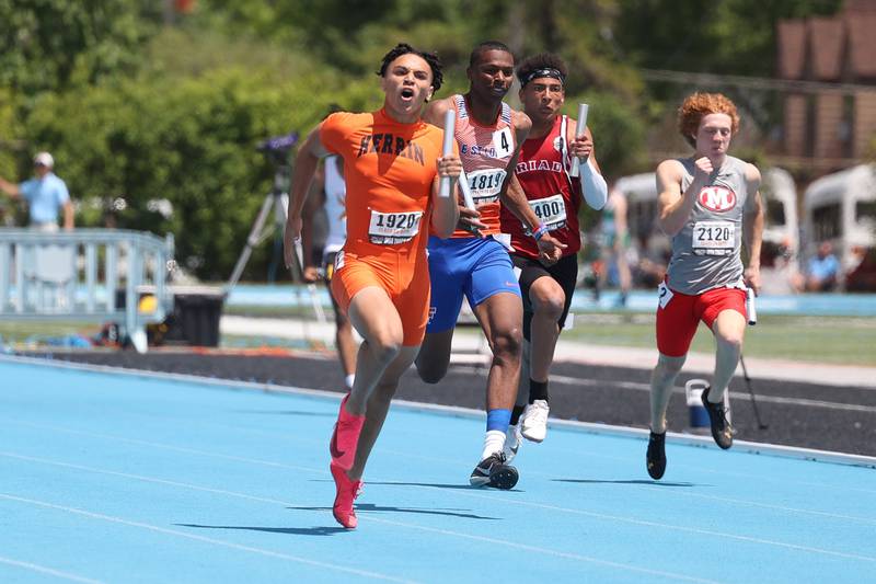 Herrin’s Kyrese Lukens holds the lead down the stretch in the Class 2A 4xa00 Relay State Finals on Saturday, May 27, 2023 in Charleston.