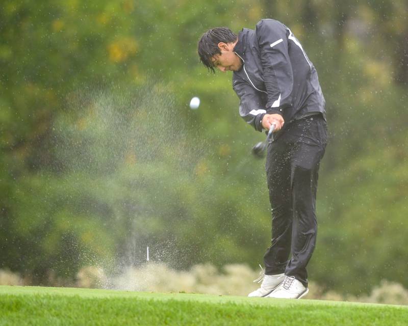 Downers Grove South’s golfer Devin Cabello tee's off during the West Suburban golf match on Tuesday Sept. 24, 2024, held at Prairie Bluff Golf Course in Crest Hill.