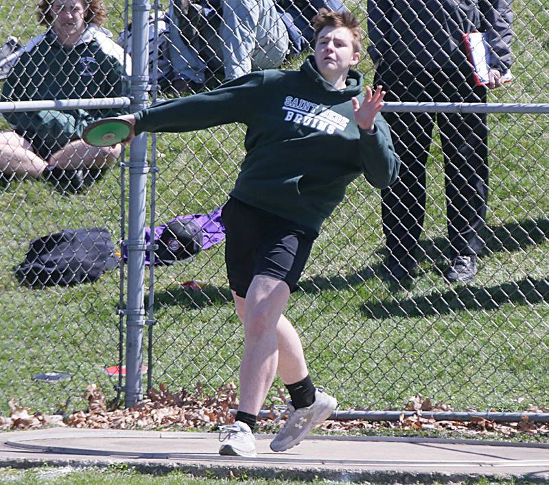 St. Bede's Ryan Migliorini throws discus during the Rollie Morris Invite on Saturday, April 16, 2022 at Hall High School in Spring Valley.