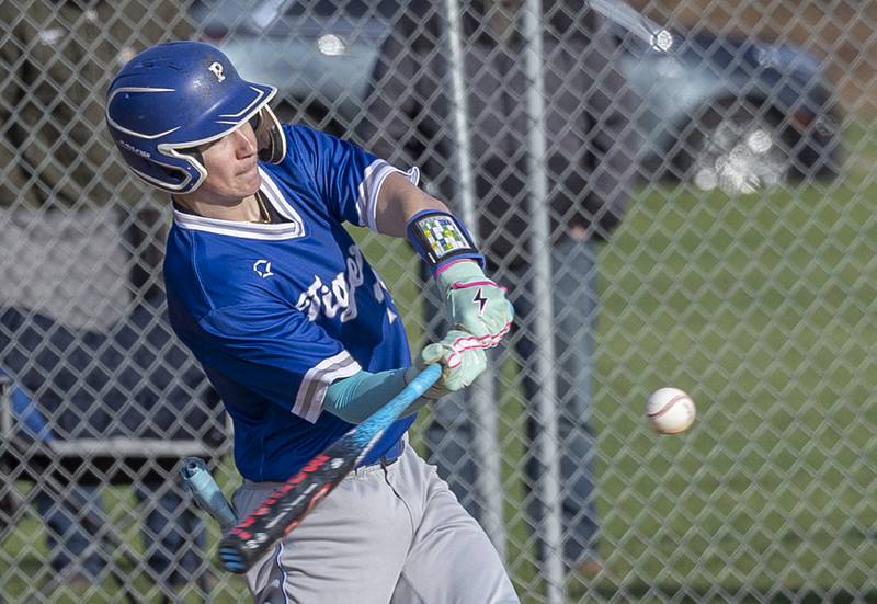Princeton’s Braden Shaw drives the ball against Newman for a pair of RBIs Monday, April 6, 2026.