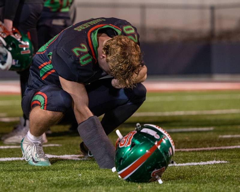Griffin May (20) of L-P punches ground after loss to O’ Fallon in last regular season game of the 2025 season on Friday, October 24, 2025 at Howard Fellows Stadium in LaSalle.