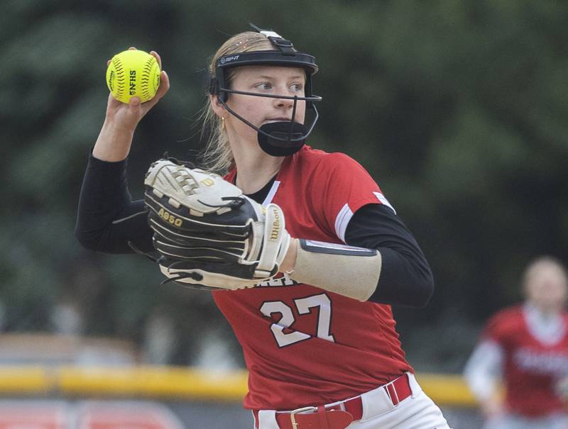 Fulton’s Addison Hartman throws to first for an out against Amboy Wednesday, May 21, 2025, during a Regional semifinal softball game.