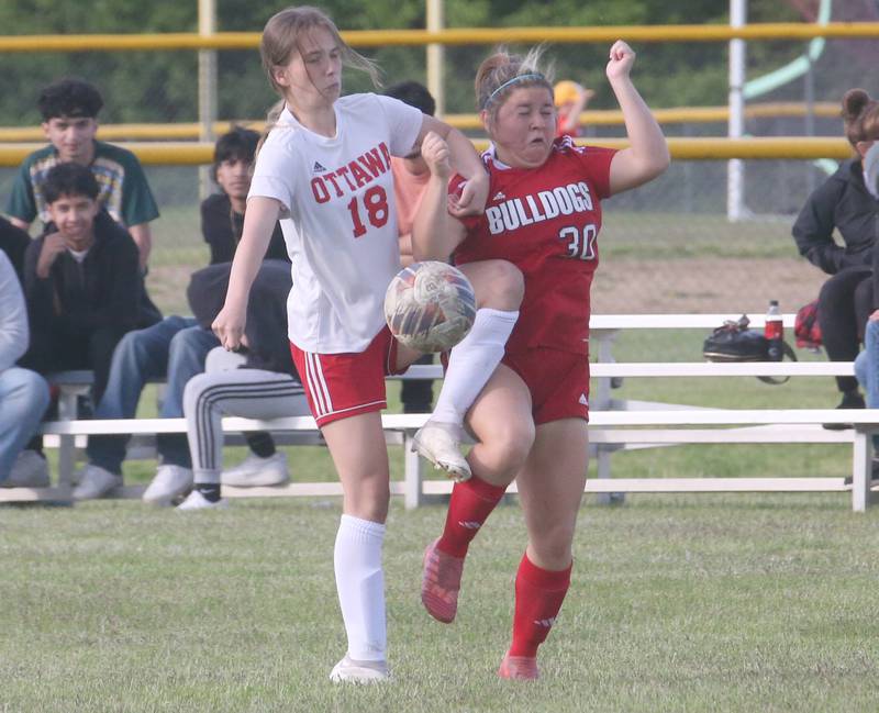 Streator's Chloe Carmona beats out Streator's Illiana Gomez to the ball during the Class 2A Regional game on Friday, May 10, 2024 at James Street Recreation Complex in Streator.